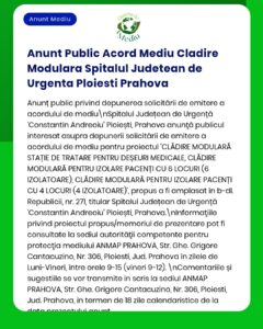 APM Prahova anunță elaborarea acordului de mediu pentru proiectul 'Stație medicală modulară Ploiești' județul Prahova Scopul proiectului asigurarea serviciilor medicale
