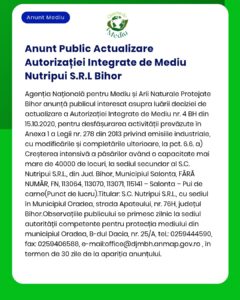Notificare privind actualizarea Autorizației Integrate de Mediu pentru Nutripui SRL Bihor cu detalii despre referințe legale și activitățile afectate