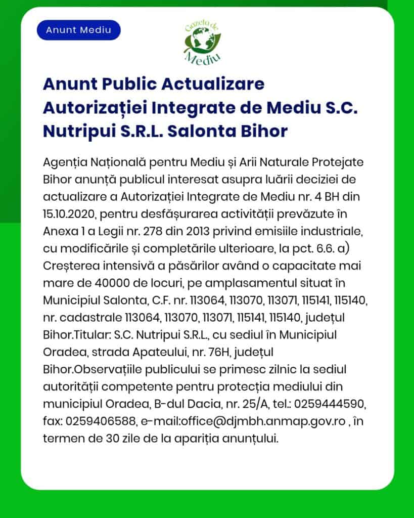APM anunță actualizarea Autorizației Integrate de Mediu pentru SC Nutripui SRL Salonta