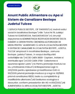 Servicii de alimentare cu apă și canalizare în comuna Beștepe județul Tulcea autorizate de administrația Rezervației Biosferei Delta Dunării