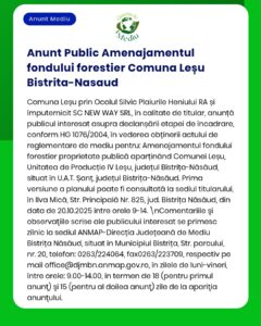 Cerere de solicitare a acordului de mediu pentru fondul forestier din Comuna Leșu Bistrița-Năsăud depusă la APM sunt detaliate unitățile implicate și informațiile procedurale