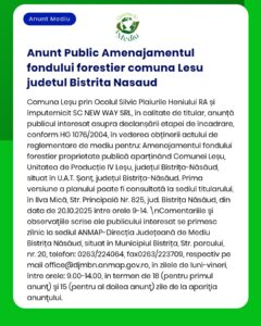 Anunț despre amenajamentul fondului forestier pentru comuna Lesu județul Bistrița-Năsăud
