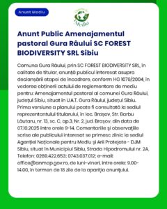 SC FOREST BIODIVERSITY SRL anunță depunerea solicitării pentru proiect amenajament pastoral în comuna Gura Râului jud Sibiu la APM Sibiu