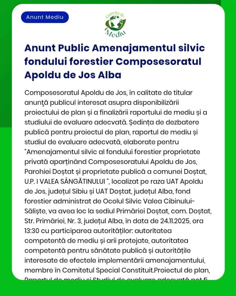 Anunț public privind fondul de gestionare a pădurii al Composesoratului Apoldu de Jos Alba cu proceduri de evaluare și planificare de mediu