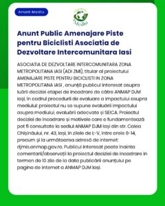 Se aduce la cunoștință demararea procedurii de evaluare a impactului asupra mediului pentru proiectul pistă publică de biciclete în Iași