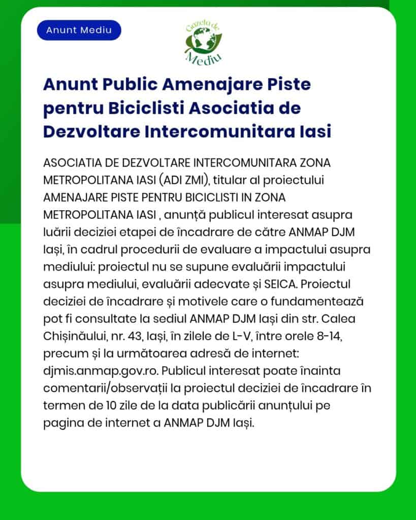 Se aduce la cunoștință demararea procedurii de evaluare a impactului asupra mediului pentru proiectul pistă publică de biciclete în Iași
