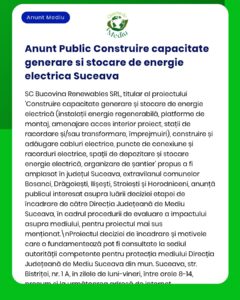 SC Bucovina Renewables SRL anunță elaborarea proiectului pentru realizarea unei capacități de producere și stocare a energiei electrice în Suceava