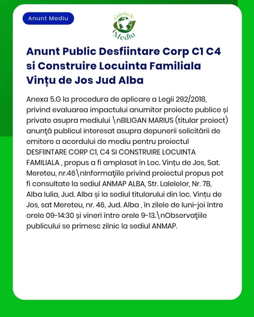 Anunț privind acordul de mediu pentru proiectul 'Construire Locuinta Familiala' în Vintu de Jos județul Alba