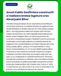 APM anunță depunerea solicitării de emitere a acordului de mediu pentru proiectul propus privind realizarea unei legături rutiere în Alesd Bihor