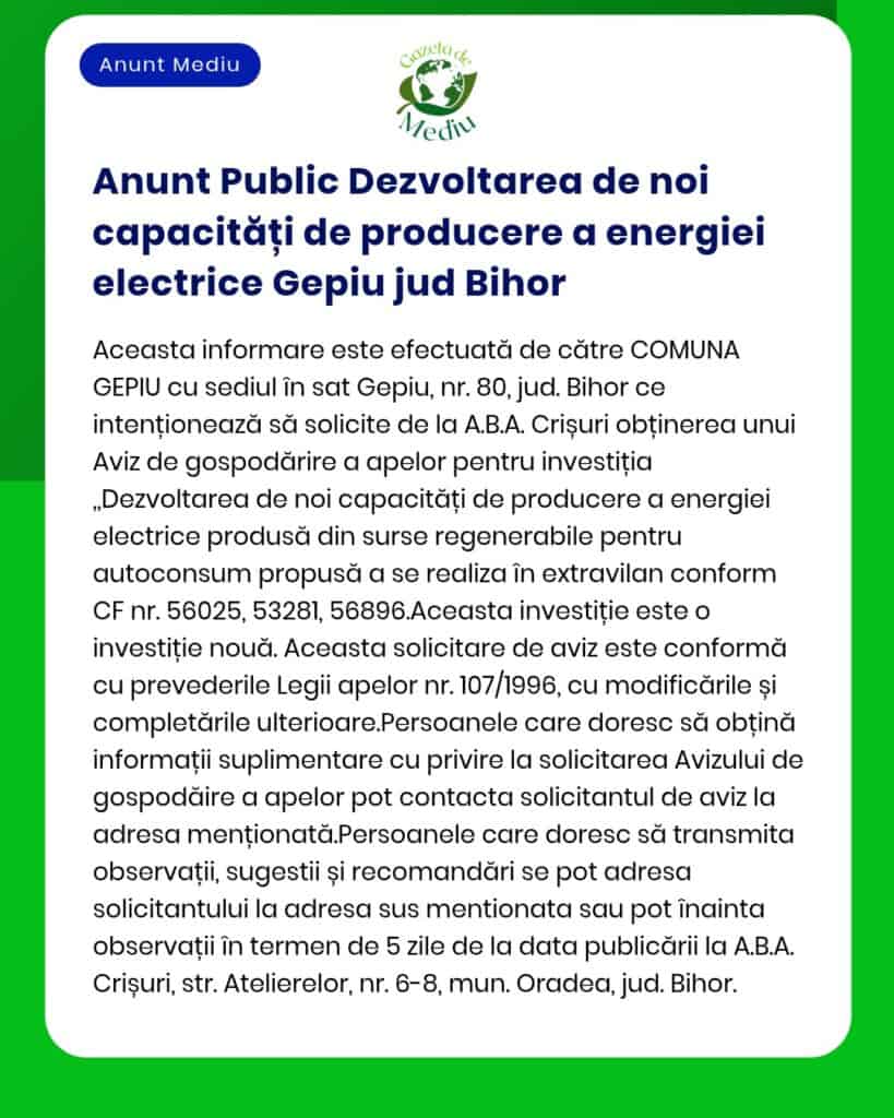Comuna GEPIU anunță dezvoltarea unei noi capacități de producere a energiei electrice în județul Bihor