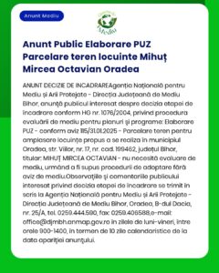 Procedura evaluării impactului asupra mediului pentru proiectul 'Ansamblu rezidențial Mihut Mircea Octavian' din Oradea Titular Mihut Mircea Octavian