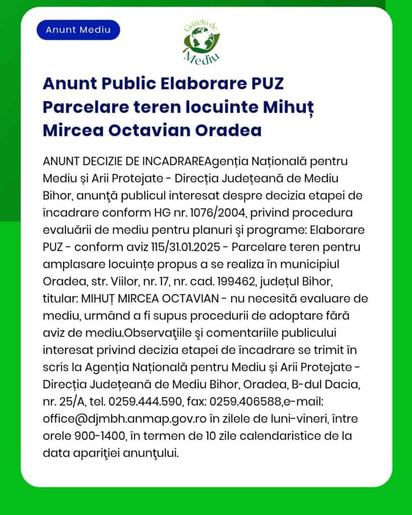 Procedura evaluării impactului asupra mediului pentru proiectul 'Ansamblu rezidențial Mihut Mircea Octavian' din Oradea Titular Mihut Mircea Octavian