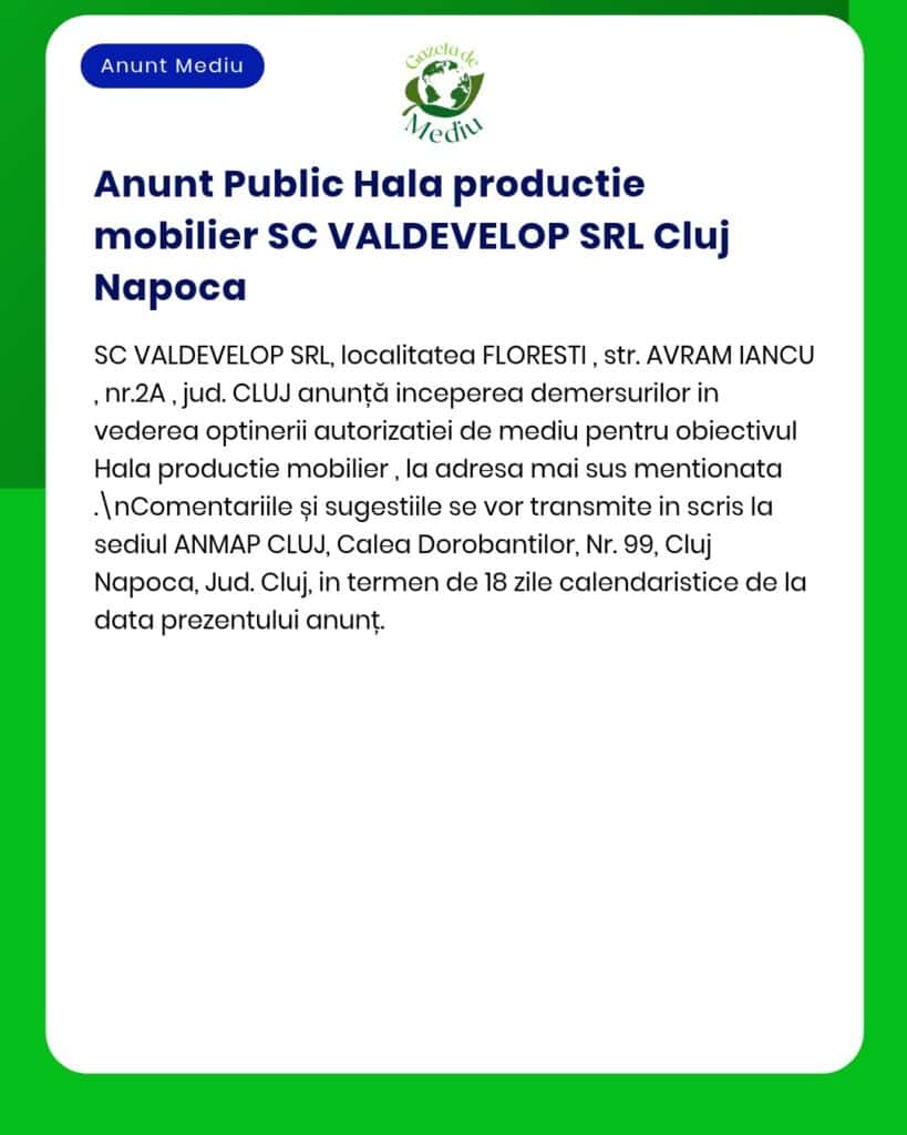 SC VALDEVELOP SRL solicită de la APM autorizație de mediu pentru activitatea de producție mobilier