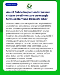 Implementarea unui sistem de alimentare cu energie termică în Comuna Dobrești județul Bihor conform prevederilor legale în vigoare