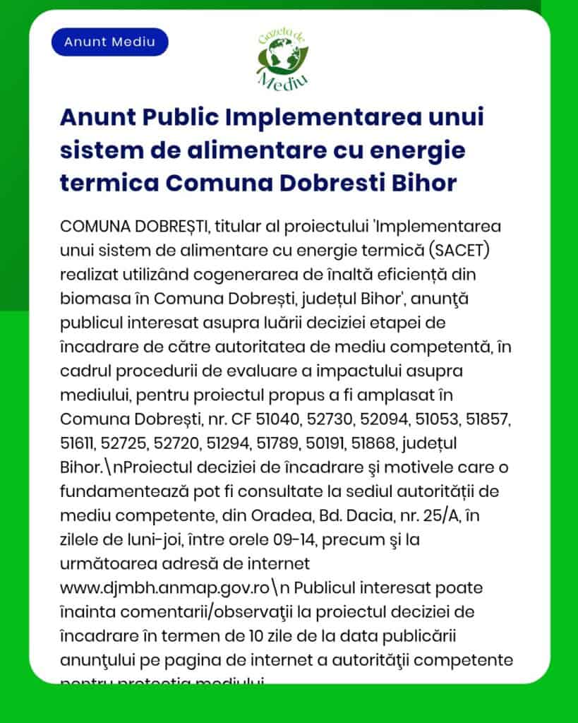 Implementarea unui sistem de alimentare cu energie termică în Comuna Dobrești județul Bihor conform prevederilor legale în vigoare