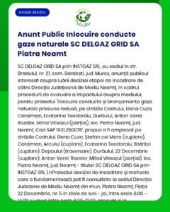 SC DELGAZ GRID SA anunță relocarea conductei de gaze naturale în municipiul Piatra Neamț pe străzile menționate în proiect Documentația evaluării impactului asupra mediului a fost depusă la APM