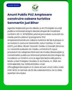 Dezvoltare cabane turistice propusă în Sânmartin Bihor detalii despre proiect și procedura de evaluare