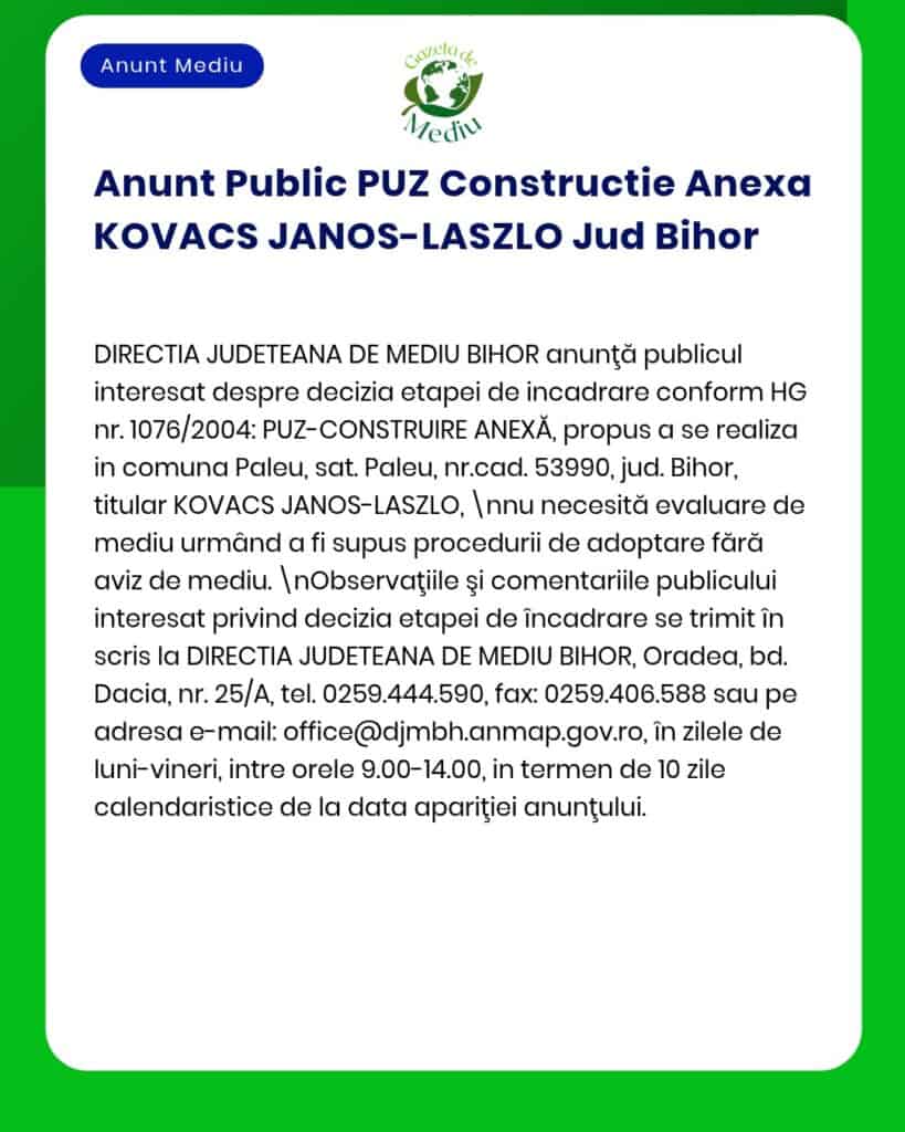 APM anunță evaluare de mediu pentru construirea unei anexe în Paleu Bihor de către Kovacs Janos-Laszlo