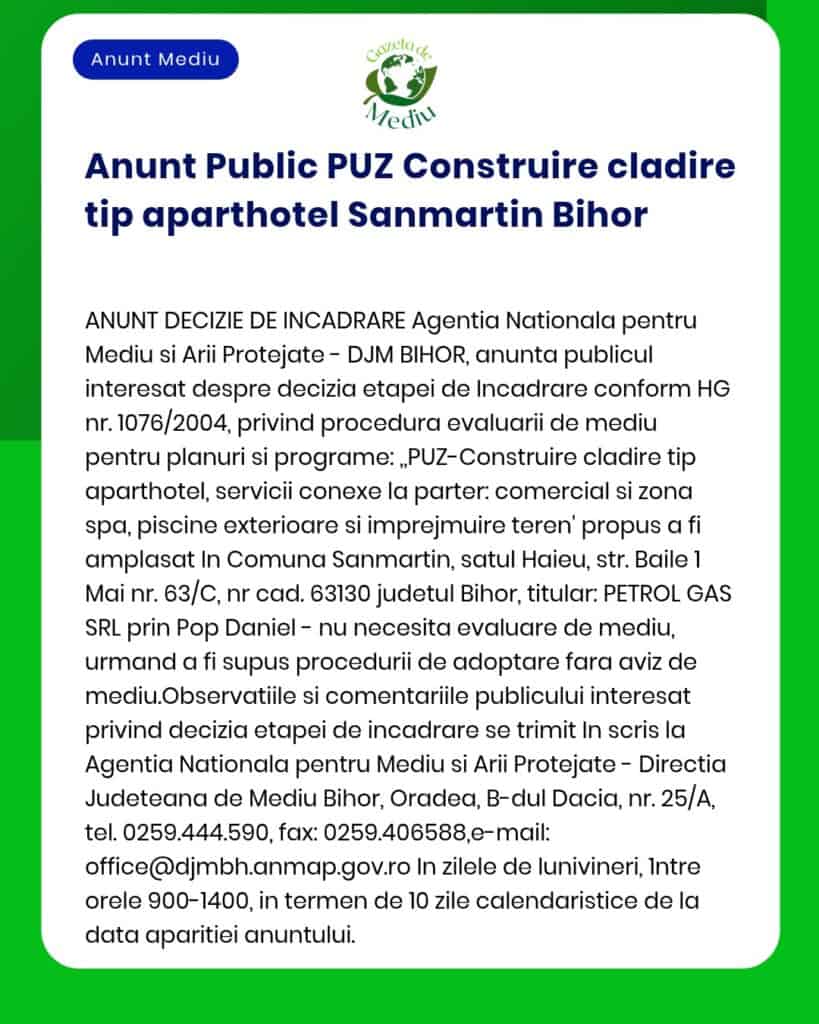 APM Bihor anunță solicitarea de emitere a acordului de mediu pentru proiectul construire bloc de locuințe propus a fi amplasat în județul Bihor titular [nume exact dacă este menționat]
