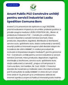 APM informează asupra depunerii solicitării de emitere a acordului de mediu pentru proiectul 'Construire unitate industrială și servicii' propus a fi amplasat în comuna Borș titular Lazău Spedition