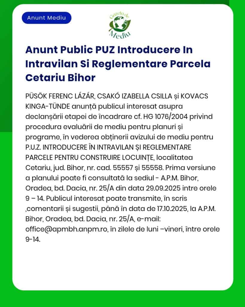 Introducere teren în intravilan și reglementare parcelă în Cetariu județul Bihor