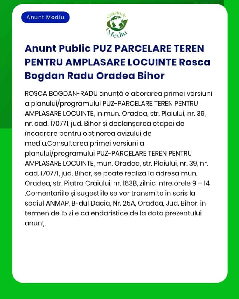 PUZ parcelare zonă de locuințe Oradea jud Bihor