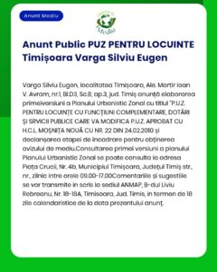 Plan Urbanistic Zonal - zonă rezidențială și funcțiuni complementare Timișoara Titular dr Silviu Eugen Varga
