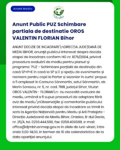 OROS VALENTIN FLORIAN anunță solicitarea acordului de mediu pentru PUZ - modificare parțială a reglementărilor urbanistice aprobate Documentația a fost depusă la APM Bihor