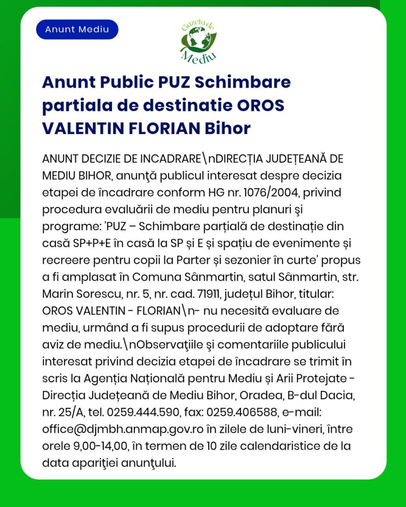 OROS VALENTIN FLORIAN anunță solicitarea acordului de mediu pentru PUZ - modificare parțială a reglementărilor urbanistice aprobate Documentația a fost depusă la APM Bihor
