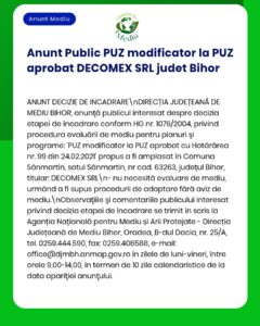 APM Bihor anunță demararea procedurii de aprobare pentru modificarea PUZ în Sânmartin Bihor