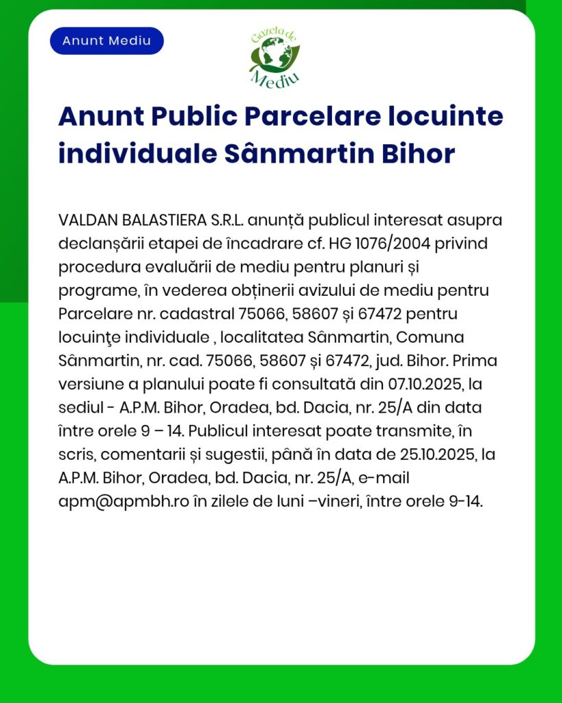 Anunț privind obținerea acordului de mediu pentru parcele locuințe individuale în Sânmartin județul Bihor informații despre procedura de emitere a acordului de mediu la APM