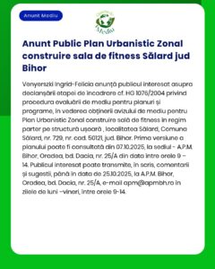 APM anunță depunerea solicitării de emitere a acordului de mediu pentru proiectul 'Zonă de fitness urbană' propus a fi amplasat în comuna Sălard județul Bihor