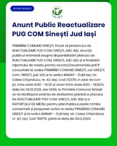 Un anunț digital în limba română privind disponibilitatea raportului de mediu pentru proiectul PUG Sinești din județul Iași, inclusiv informații privind accesul la documente și o dezbatere publică programată pentru 8 decembrie 2022.