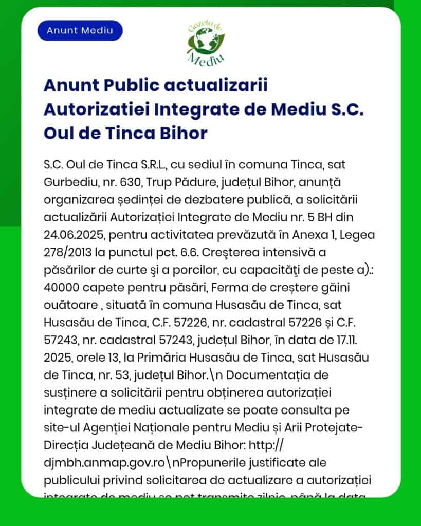 APM anunță publicul interesat asupra depunerii solicitării de actualizare a autorizației de mediu pentru activitatea desfășurată de SC Oul de Tinca SRL