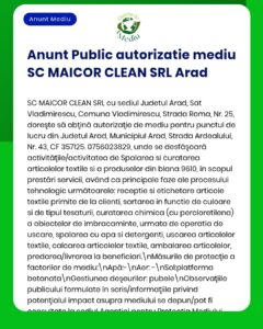 SC MAICOR CLEAN SRL solicită de la APM emiterea autorizației de mediu pentru activitatea de spălare textile