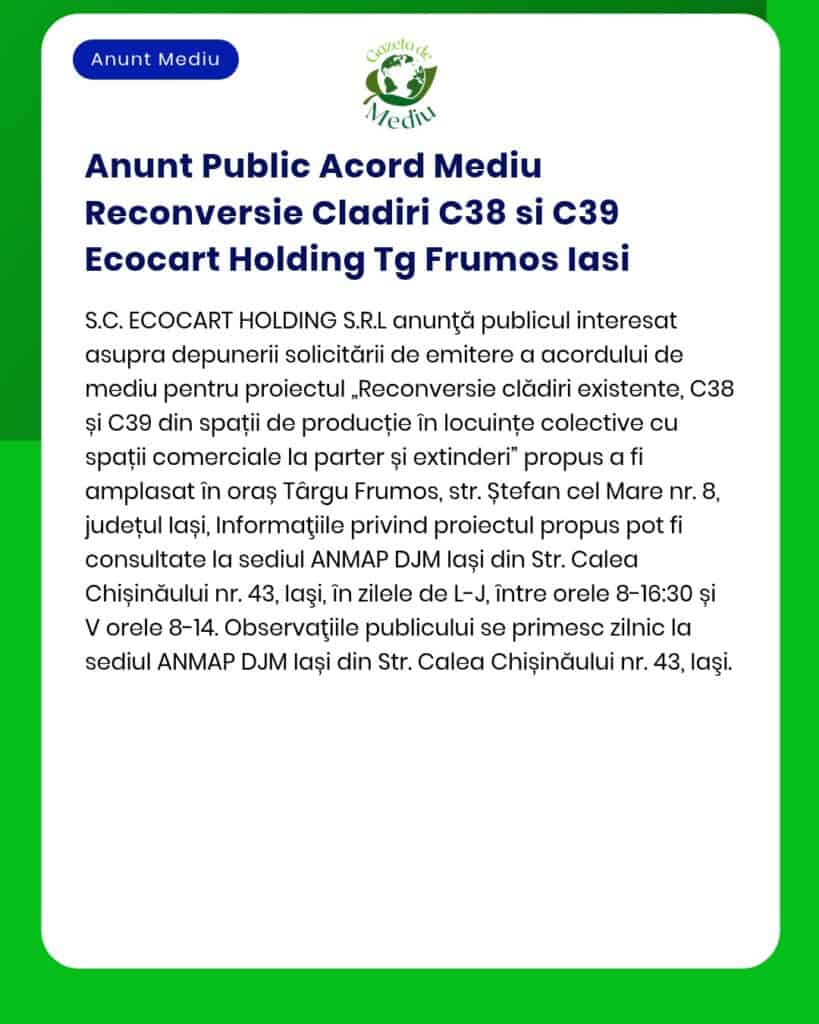 Anunt Public Acord Mediu Reconversie Cladiri C38 si C39 Ecocart Holdin