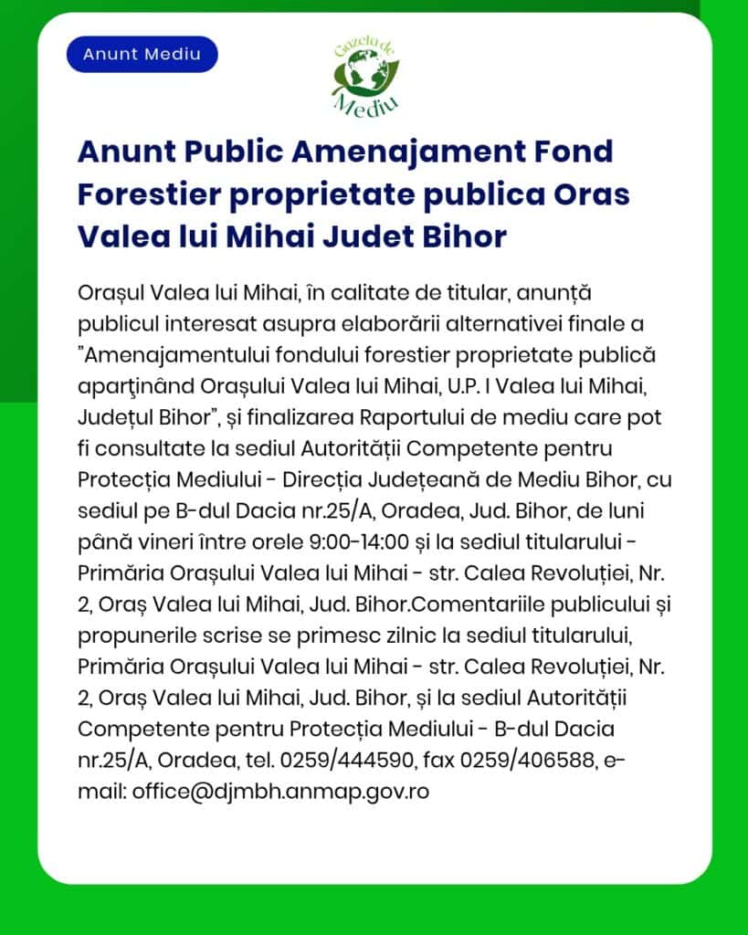 Anunt Public Amenajament Fond Forestier proprietate publica Oras Valea