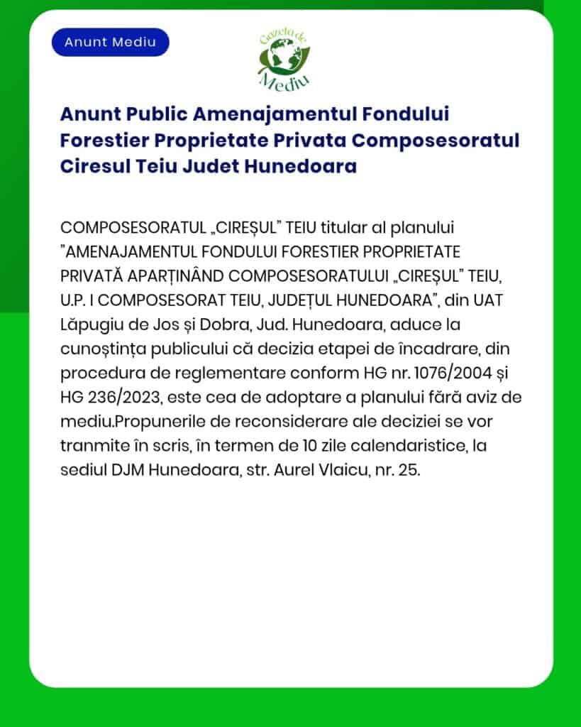 Anunt Public Amenajamentul Fondului Forestier Proprietate Privata Asoc