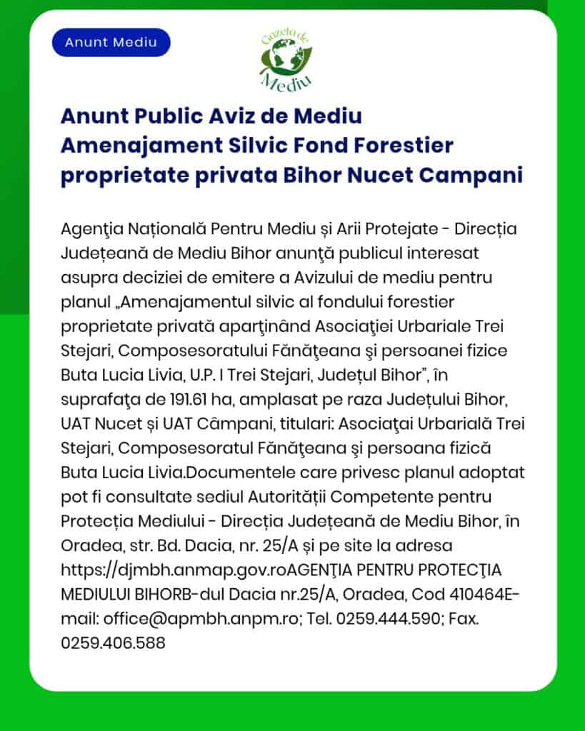 Anunt Public Aviz de Mediu Amenajament Silvic Fond Forestier proprieta
