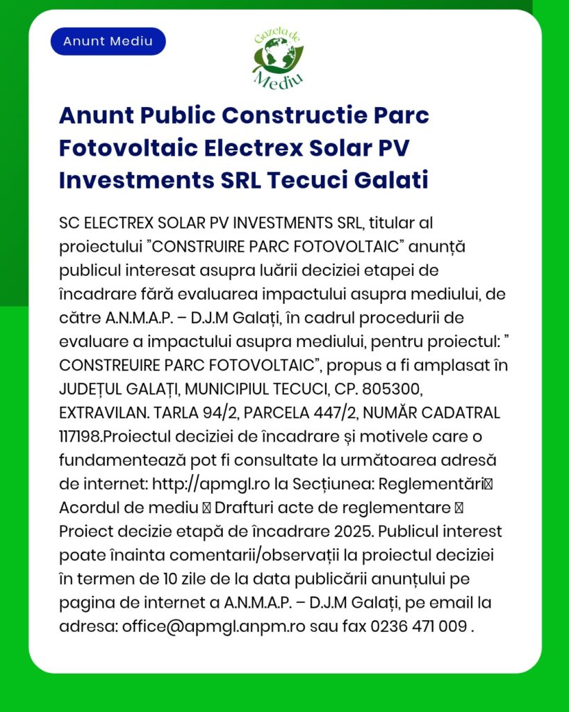 Anunt Public Constructie Parc Fotovoltaic Electrex Solar PV Investment