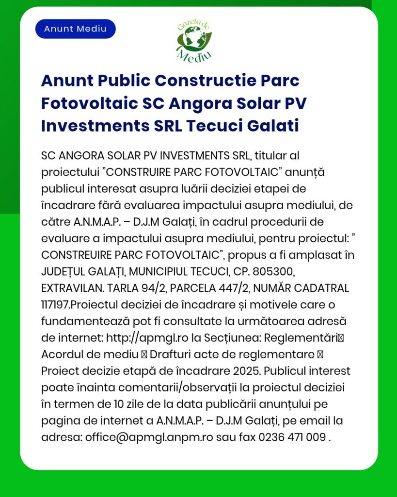 Anunt Public Constructie Parc Fotovoltaic SC Angora Solar PV Investmen
