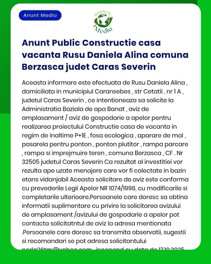 Anunt Public Constructie casa vacanta Rusu Daniela Alina comuna Berzas