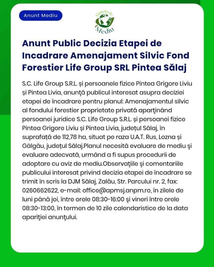 Anunt Public Decizia Etapei de Incadrare Amenajament Silvic Fond Fores
