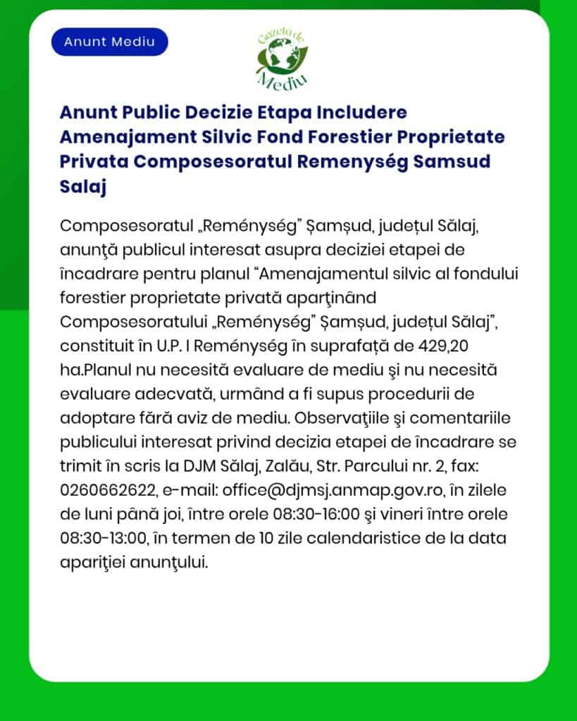 Anunt Public Decizie Etapa Includere Amenajament Silvic Fond Forestier