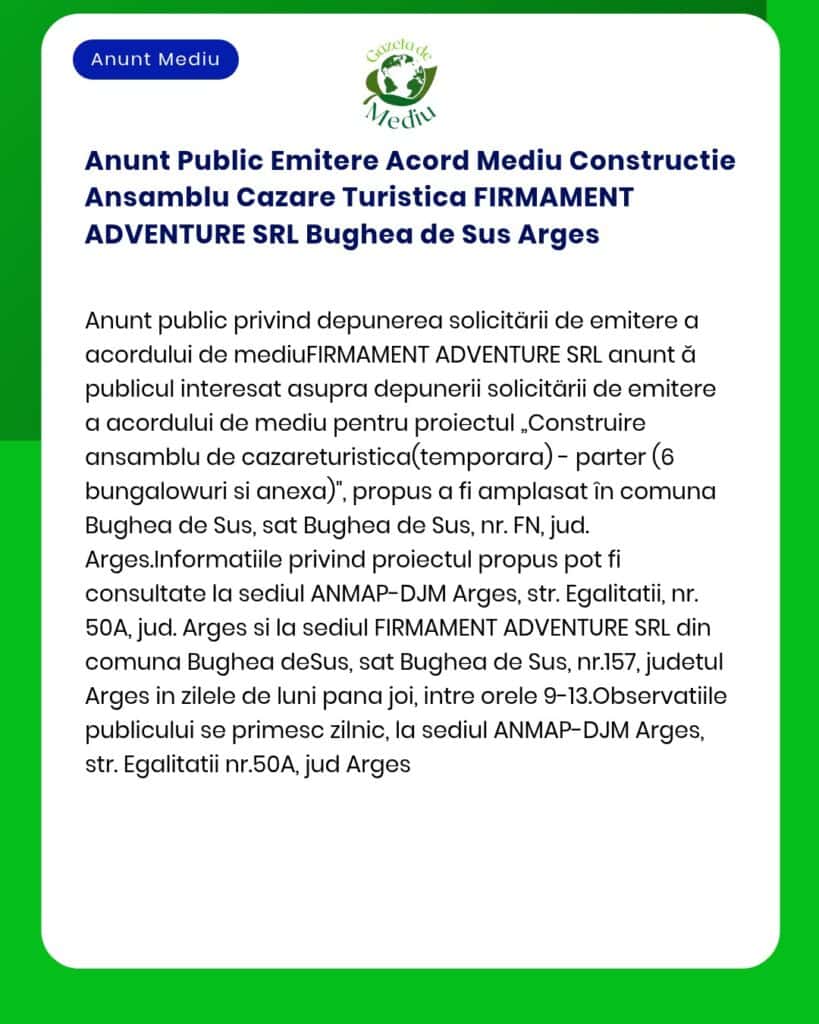 Anunt Public Emitere Acord Mediu Constructie Ansamblu Cazare Turistica