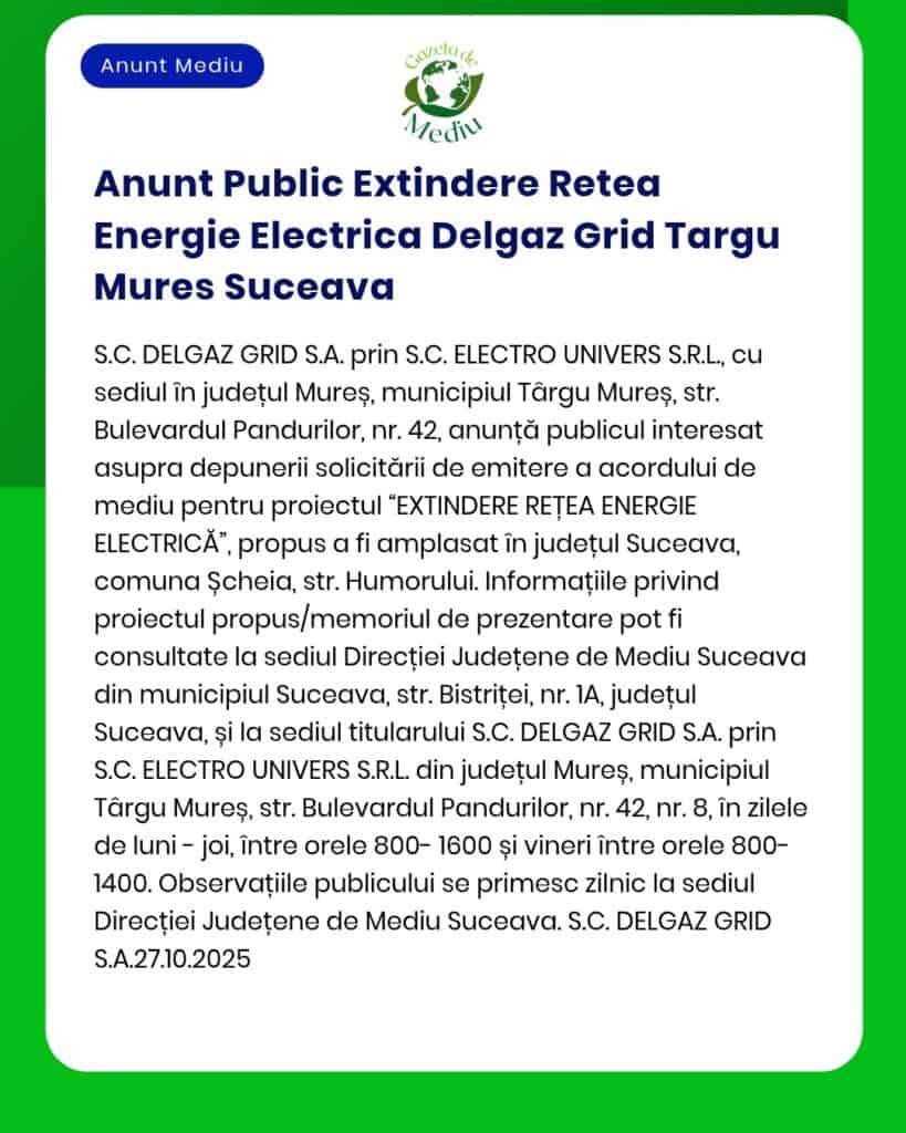 Anunt Public Extindere Retea Energie Electrica Delgaz Grid Targu Mures