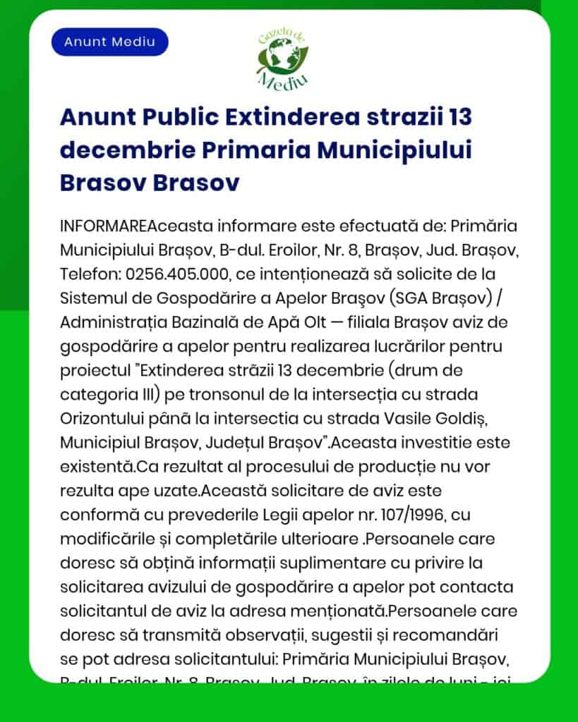 Anunt Public Extinderea strazii 13 decembrie Primaria Municipiului Bra