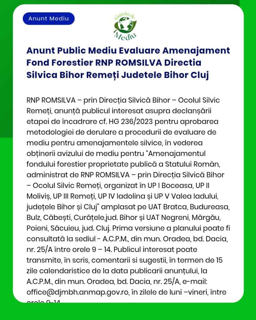 Anunt Public Mediu Evaluare Amenajament Fond Forestier RNP ROMSILVA Di