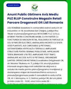 Anunt Public Obtinere Aviz Mediu PUZ RLUP Construire Magazin Retail Pa