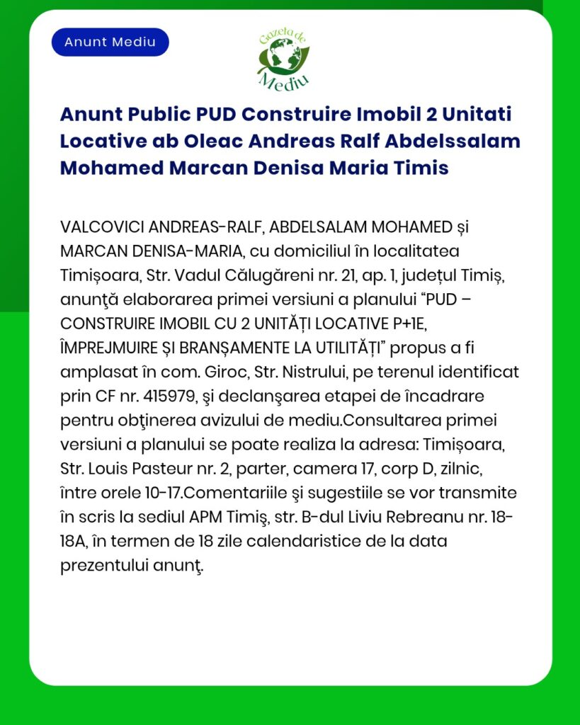 Anunt Public PUD Construire Imobil 2 Unitati Locative ab Oleac Andreas